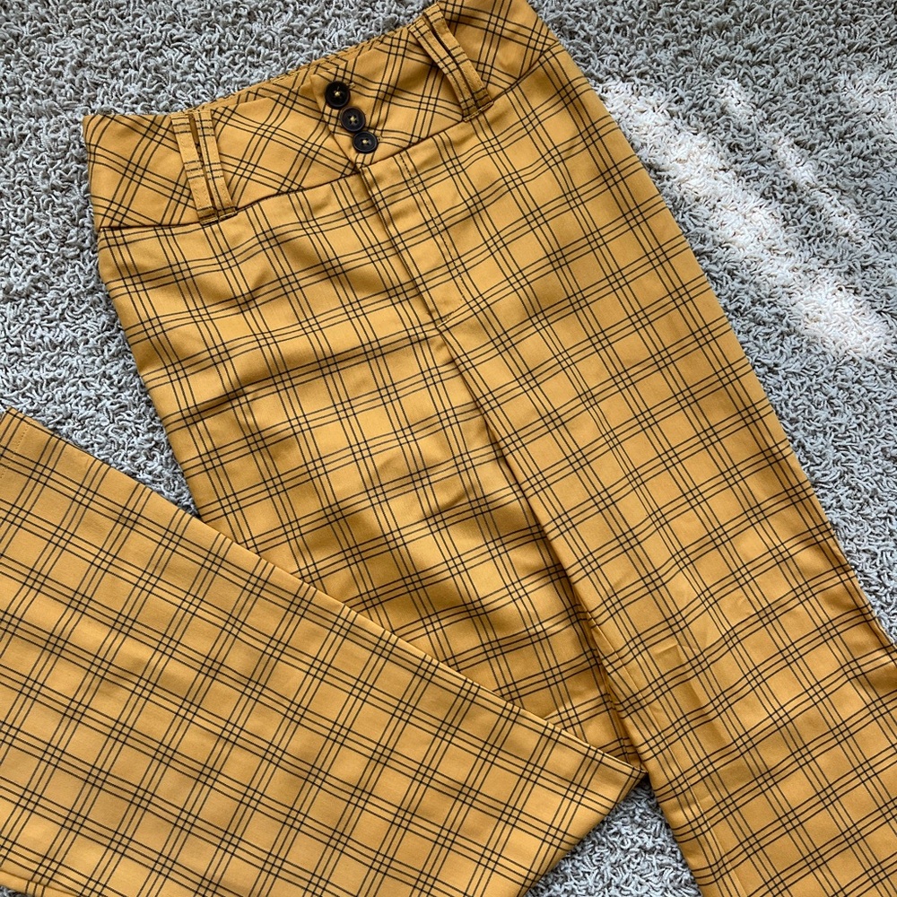 Yellow plaid flare dress pants